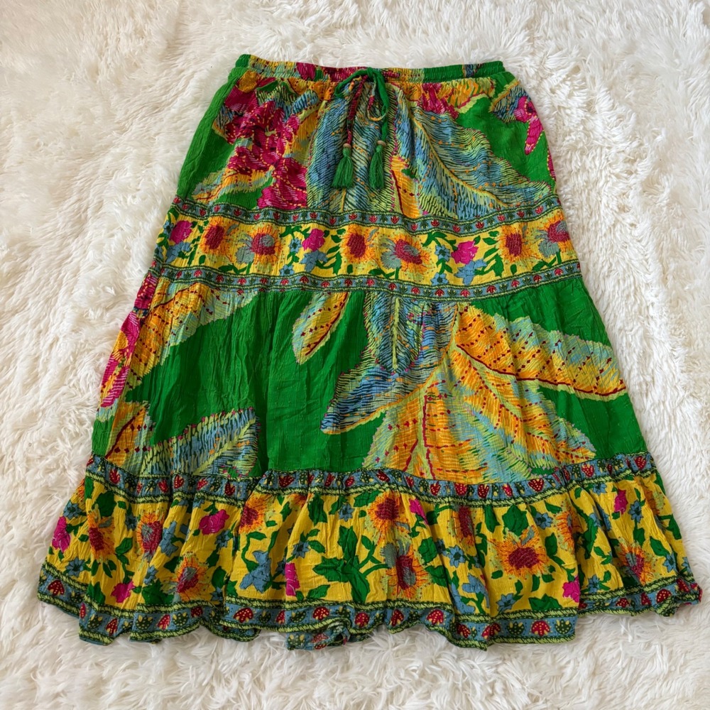 Cynthia Rowley Tropical Floral Tiered Midi Skirt Green Yellow Boho Tassel Large